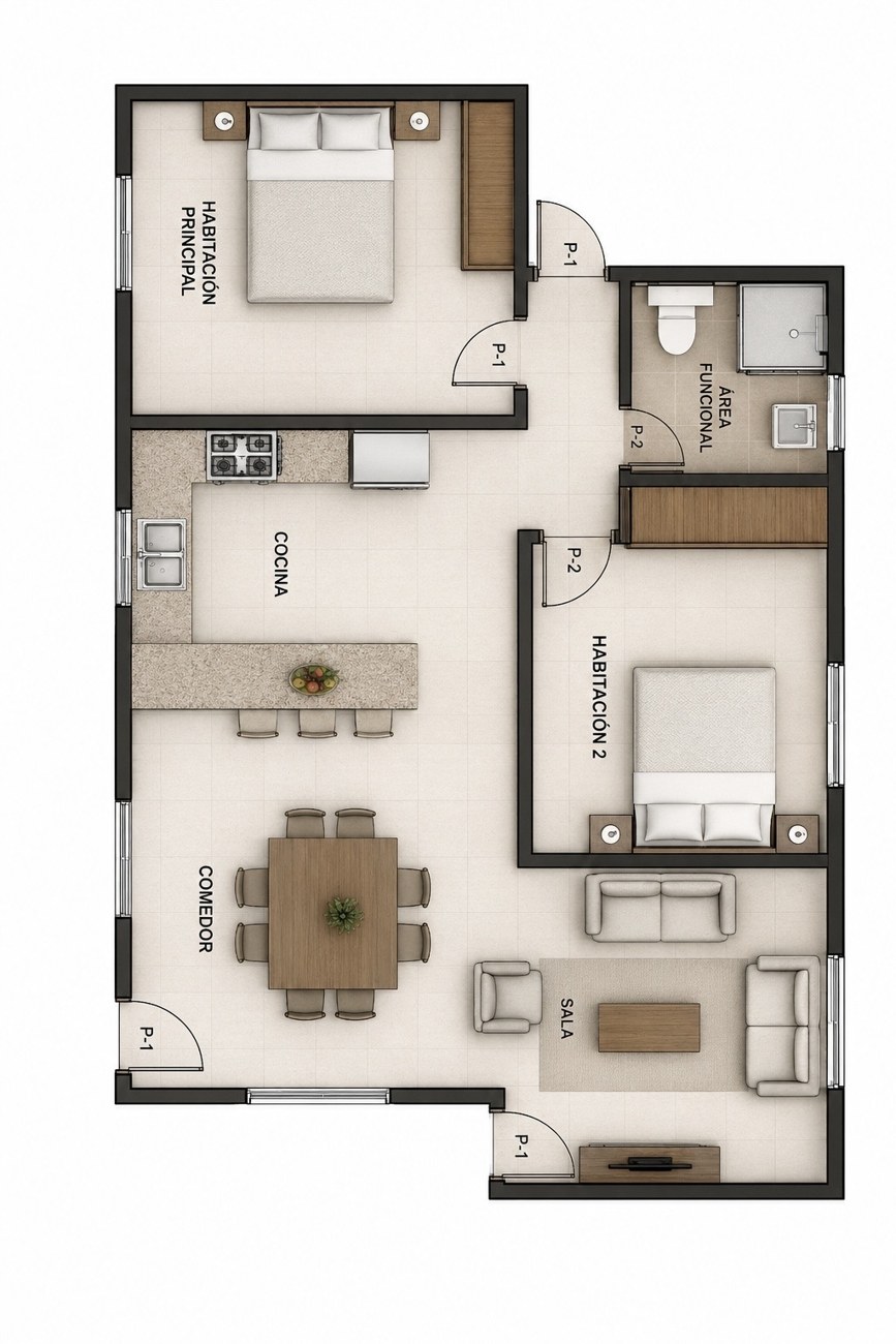 Model home layout: 2 bedrooms, 1 bathroom, kitchen with bar, living room, dining room and porch